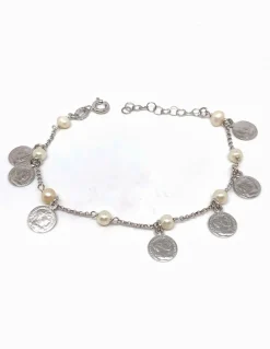 Bracciale con Monete e Perline COLORE ARGENTO Bianco