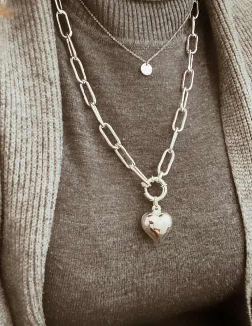 Collana Maglia Rettangolare e Cuore Bombato COLORE ARGENTO Bianco