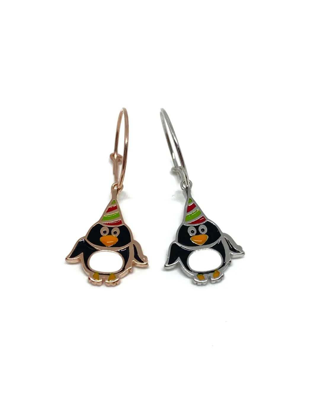 Monorecchino Cerchietto Pinguino Smaltato COLORE ARGENTO Bianco