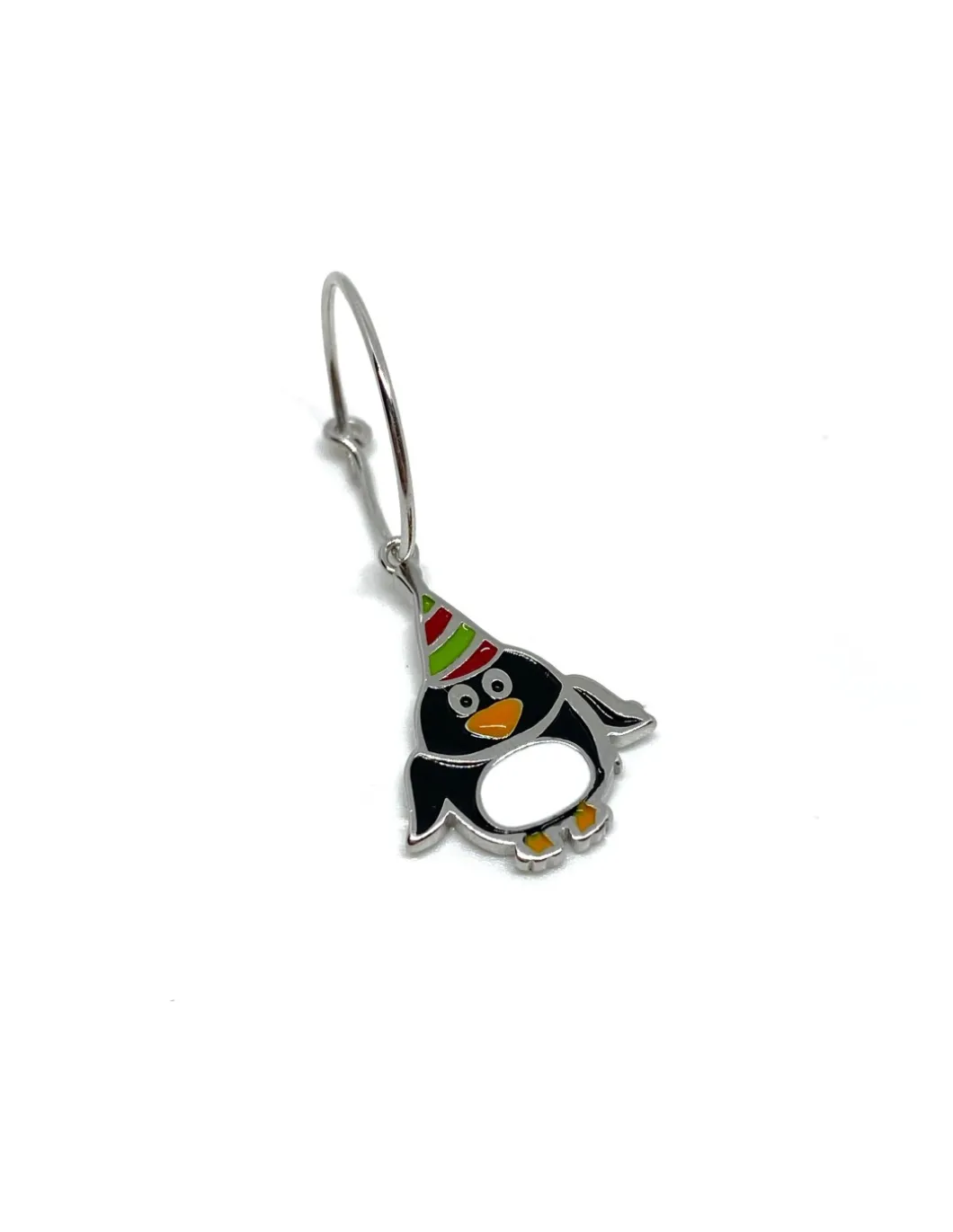 Monorecchino Cerchietto Pinguino Smaltato COLORE ARGENTO Bianco