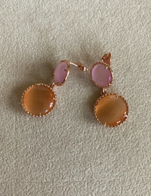 Orecchini Doppi con Pietre e Montatura Lavorata COLORE ARGENTO Rosè COLORE PIETRE rosa/arancione